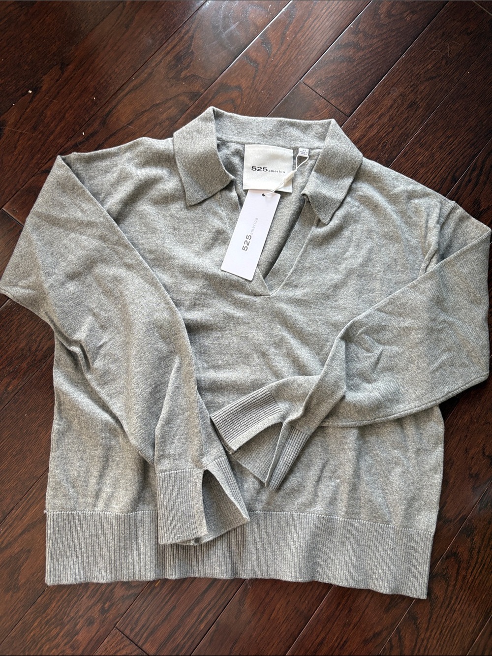 525 America Women's Smoke Grey Polo V-Neck Knit Sweater